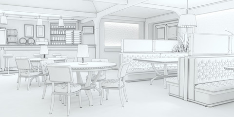 Fototapeta na wymiar Interior of the restaurant 3d illustration stylized with a pencil sketch, drawing lines