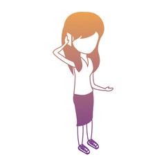 Woman standing and Talking on Cellphone over white background, colorful design. vector illustration