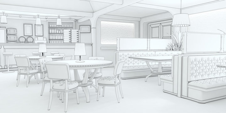 Interior of the restaurant 3d illustration stylized with a pencil sketch, drawing lines