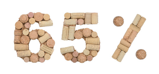 Number sixty five 65%  percent made of wine corks Isolated on white background