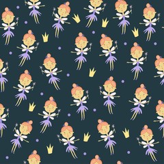 Cute seamless pattern with little fairy. Vector kids background.