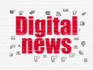 News concept: Painted red text Digital News on White Brick wall background with  Hand Drawn News Icons