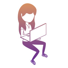 Fototapeta na wymiar avatar woman sitting and using a laptop computer over white background, colorful design. vector illustration