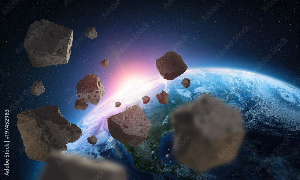 Poster Asteroids near the planet Earth. A view of the globe from space. Elements of this image are furnished by NASA