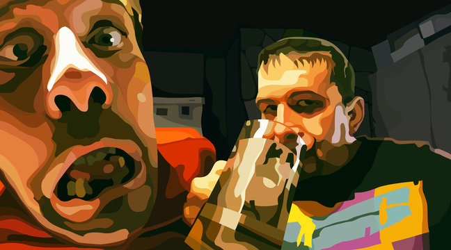 painted degrading drunken drinkers terrible two men