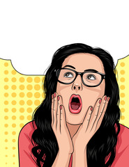 Vector woman's face in shock emotions. Beautiful girl open her mouth and keep hands above face. Stressful girl's face over dot background with speech bubble