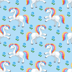 Fairy children seamless pattern with the image of cute unicorns. Colorful vector background in cartoon style.
