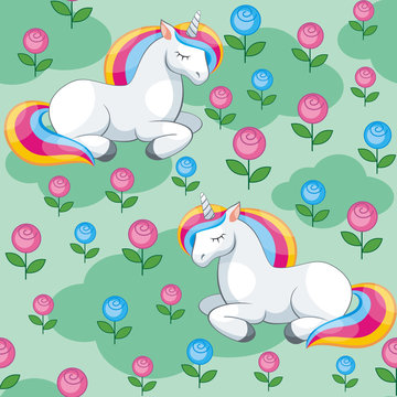 Fairy children seamless pattern with the image of cute unicorns. Colorful vector background in cartoon style. © olga_a_belova