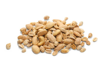 Mix of roasted, salted peanuts, cashew nuts and almonds isolated on white background