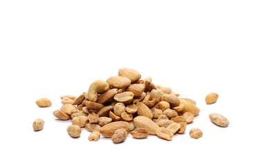 Mix of roasted, salted peanuts, cashew nuts and almonds isolated on white background
