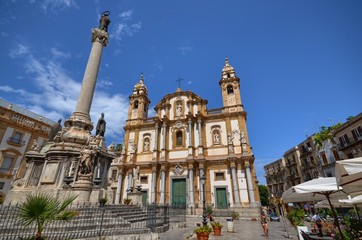 Fototapeta na wymiar The church of San Domenico and its cloister in Palermo, Sicily, Italy. On the left the column of the immaculate.