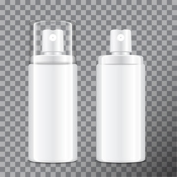 Realistic Cosmetic spray bottle. Dispenser for cream, balsam and other cosmetics. With lid and without. Vector Template Mock up Your Design