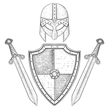 Viking warrior set - shield, swords and helmet. Hand drawn sketch isolated on white background