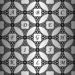 Seamless wallpaper with the alphabet. Black vintage pattern on a silver background