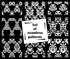 Set of 8 seamless patterns. Patchwork black and white design