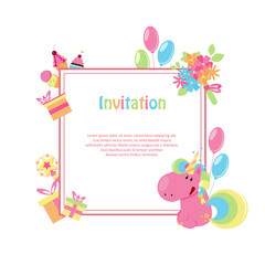 Vector illustrations with flat unicorn. Square frame with simple flowers, balloons, gifts, flowers and cakes. Modern invitation for birthday or sales.