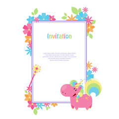 Vector illustrations with flat unicorn. Rectangular frame with simple blue, yellow and pink flowers. Modern invitation for birthday or sales.