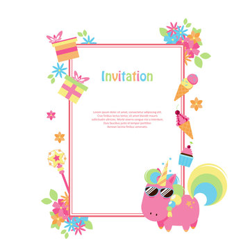 Vector Illustrations With Flat Unicorn. Rectangular Frame With Simple Flowers, Balloons, Gifts, Flowers And Cakes. Modern Invitation For Birthday Or Sales.