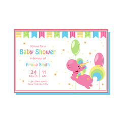 Beautiful baby shower card template with cute unicorn. Vector cartoon illustration for birthday invitation