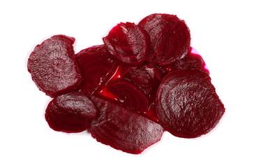 Fresh beetroot slices isolated on white background, top view