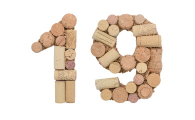 Number 19 nineteen made of wine corks Isolated on white background