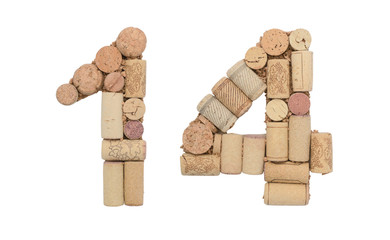 Number 14 fourteen made of wine corks Isolated on white background
