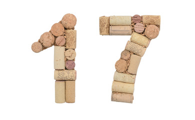 Number 17 seventeen made of wine corks Isolated on white background