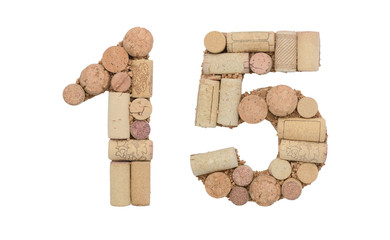 Number 15  fifteen made of wine corks Isolated on white background