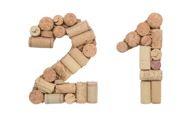 Number 21 twenty one  made of wine corks Isolated on white background