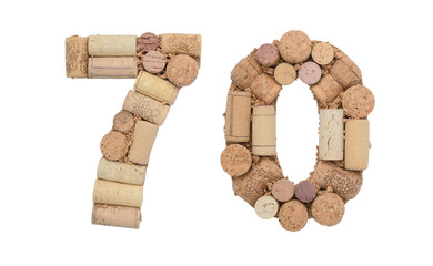 Number 70 seventy  made of wine corks Isolated on white background