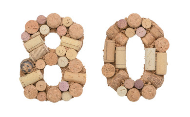 Number 80 eighty made of wine corks Isolated on white background