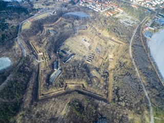 Aerial view of star shaped Boyen stronghold in Gizycko, Poland (former Loetzen, East Prussia, Germany)