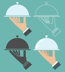 Hand holding cloche or plate cover on silver platter. Restaurant icon set. Simple, flat, outline style
