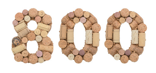 Number 800 eight hundred  made of wine corks Isolated on white background - obrazy, fototapety, plakaty