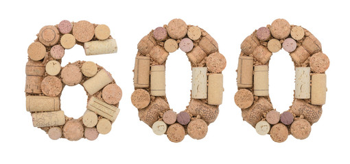 Number 600 six hundred made of wine corks Isolated on white background