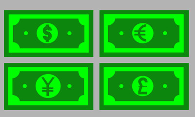 paper money of most popular world currency of dollar, euro, pound and yen sings