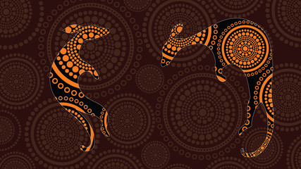 Aboriginal art vector painting with kangaroo. Illustration based on aboriginal style of landscape dot background.