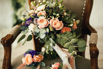 fashionable wedding bouquet with a pion rose and eucalyptus
