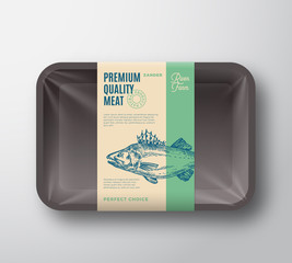 Premium Quality Pikeperch. Abstract Vector Fish Plastic Tray with Cellophane Cover Packaging Design Label. Modern Typography and Hand Drawn Zander Silhouette Background Layout.