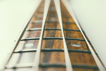Frets on bass guitar. Close up. Vintage old retro bass in studio. Warm soft style