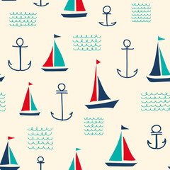 Hand-Drawn Vessel Seamless Pattern with Multicolored Yachts, Anchors and Waves