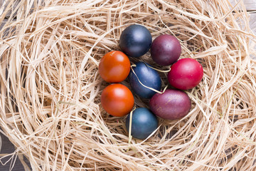 Colorful eastern eggs. Copy space. Selective focus