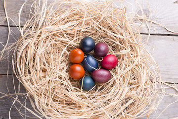 Colorful eastern eggs. Copy space. Selective focus