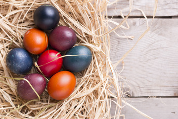 Colorful eastern eggs. Copy space. Selective focus