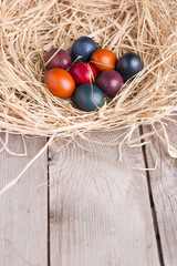 Colorful eastern eggs. Copy space. Selective focus