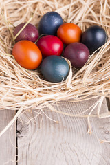 Colorful eastern eggs. Copy space. Selective focus