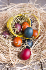 Colorful eastern eggs. Copy space. Selective focus