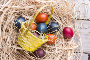 Colorful eastern eggs. Copy space. Selective focus