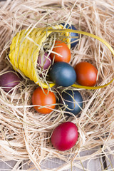 Colorful eastern eggs. Copy space. Selective focus