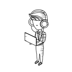 sketch of avatar businessman standing and using a laptop computer and headphones over white background, vector illustration